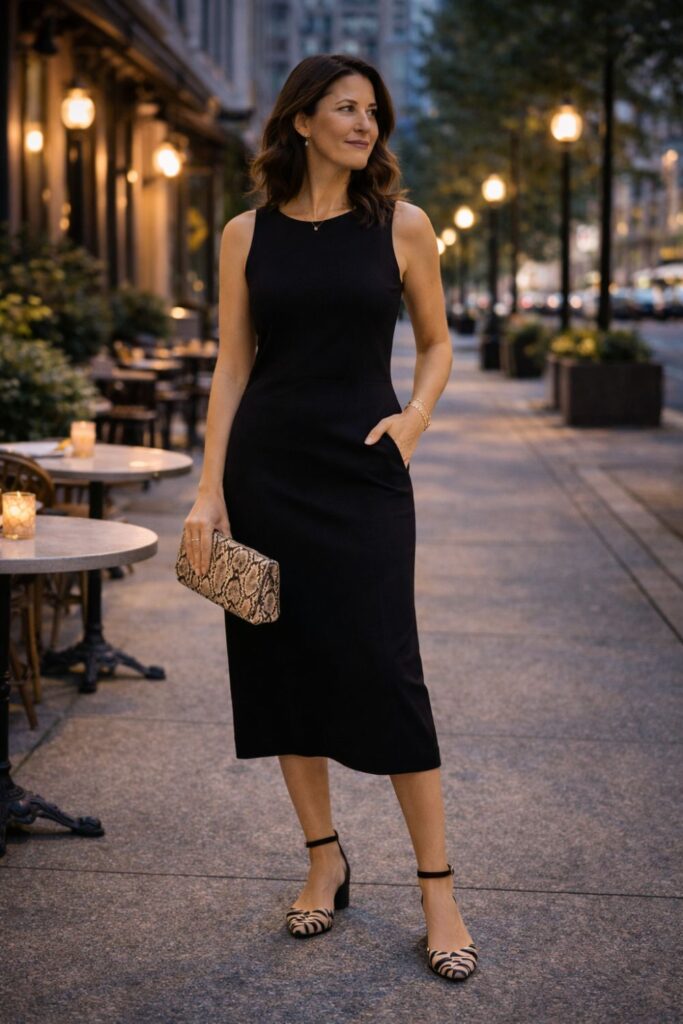 A sleek black midi dress paired with animal-print heels and a matching clutch creates an elegant evening outfit. The bold accessories add texture and visual interest while the classic black dress keeps the overall look sophisticated and timeless.
