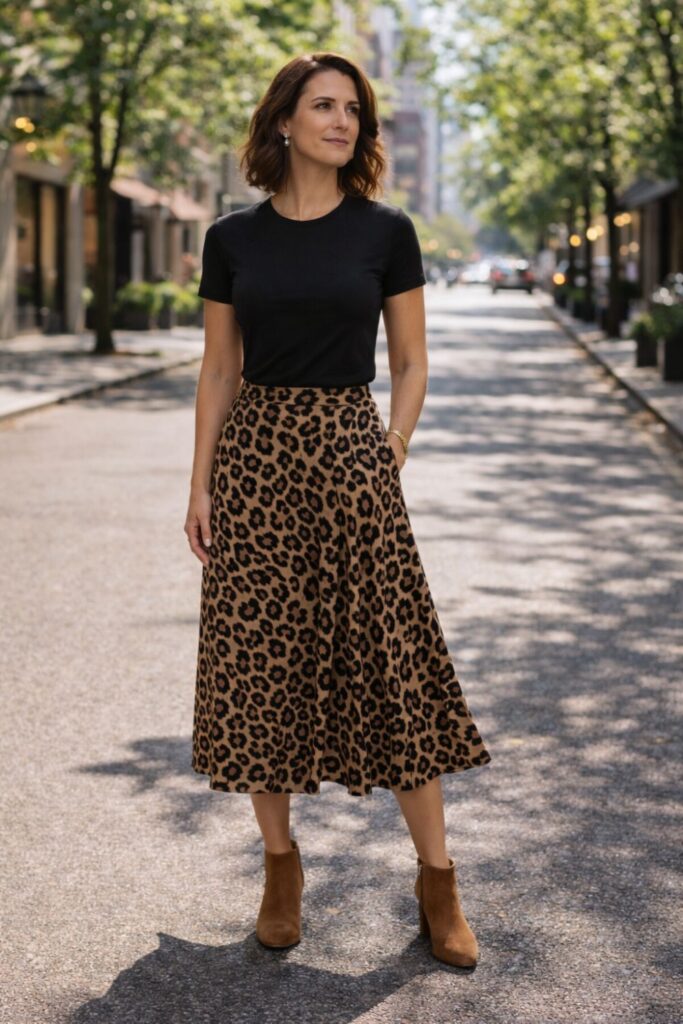 Woman wearing a classic black fitted tee tucked into a flowing leopard-print midi skirt, paired with brown ankle boots for a chic everyday look that balances bold pattern with simple, effortless style.
