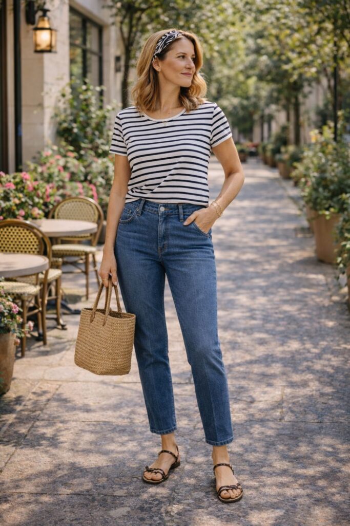A striped tee paired with classic blue jeans creates an easy, everyday outfit that feels relaxed and timeless. The addition of a patterned headband introduces a playful touch of personality without overwhelming the look. Finished with simple sandals and a woven tote, the outfit feels effortlessly stylish—perfect for casual outings, weekend errands, or a relaxed afternoon stroll.