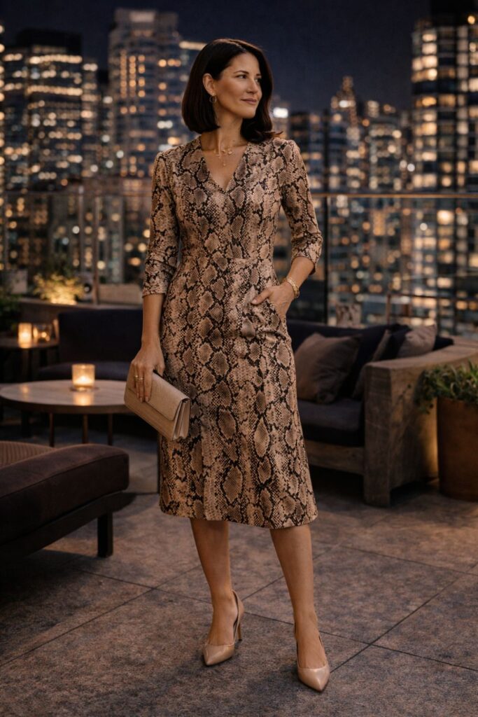 A snake-print midi dress makes a bold yet refined statement, offering a sleek alternative to more common animal prints. The fitted silhouette keeps the look polished, while neutral heels and a simple clutch allow the striking pattern to stand out. Set against a city skyline at night, this outfit feels perfect for elegant dinners, rooftop events, or sophisticated evening occasions.
