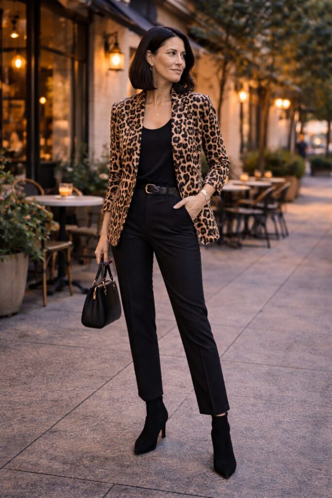 A leopard-print blazer instantly elevates a sleek all-black outfit, creating a bold yet sophisticated look. The structured jacket adds texture and personality, while the monochrome base keeps the outfit polished and balanced. Paired with ankle boots and a classic handbag, this combination works beautifully for evening outings, dinners, or stylish city nights.
