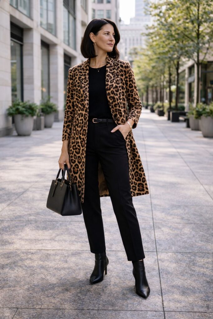 An all-black outfit creates the perfect base for a bold leopard-print coat. The sleek black trousers and top keep the look polished and streamlined, while the statement coat adds warmth, texture, and personality. Paired with ankle boots and a structured handbag, this outfit feels effortlessly chic—ideal for city days, cooler weather, or stylish evenings out.