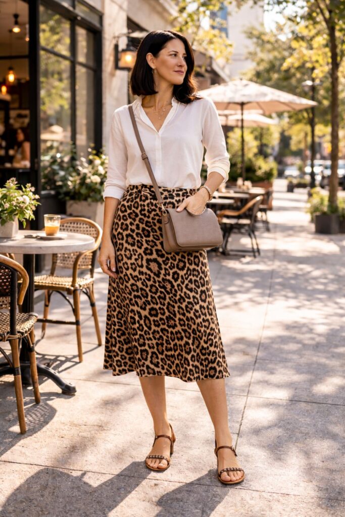 A leopard-print skirt paired with a crisp white blouse creates a balanced outfit that feels both polished and effortless. The bold pattern of the skirt adds personality, while the clean simplicity of the blouse keeps the look refined and versatile. Finished with simple sandals and a neutral crossbody bag, this outfit is perfect for casual lunches, daytime outings, or relaxed weekend plans.