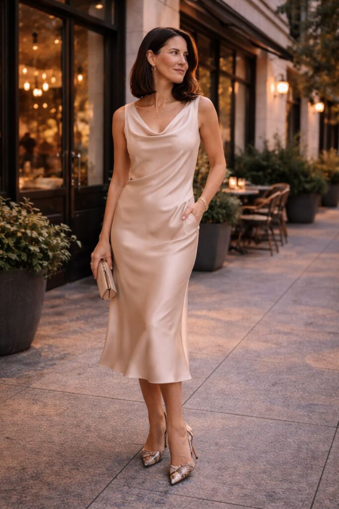 A satin dress paired with snake-print heels creates an elegant combination that feels both soft and striking. The smooth sheen of the satin contrasts beautifully with the textured pattern of the shoes, adding depth and sophistication to the look. Finished with a sleek clutch and delicate jewelry, this outfit is perfect for evening dinners, special occasions, or refined nights out.