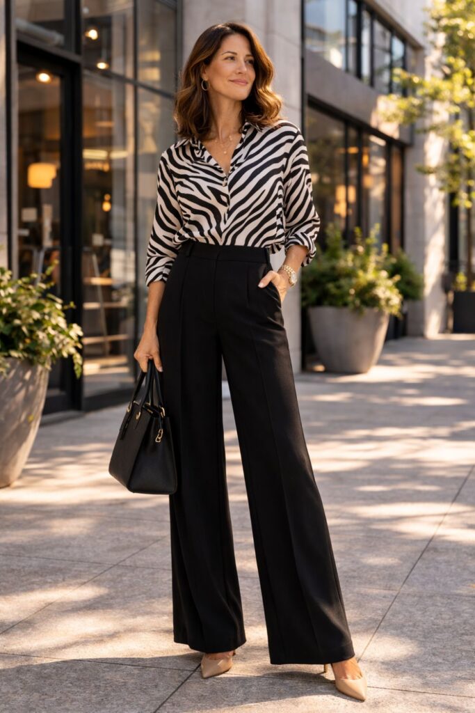 A zebra-print blouse paired with wide-leg trousers creates a bold yet elegant outfit. The flowing silhouette of the trousers adds movement and sophistication, while the graphic pattern of the blouse brings modern visual interest. Finished with pointed heels and a structured handbag, this look feels polished and confident—perfect for workdays, meetings, or stylish daytime events.