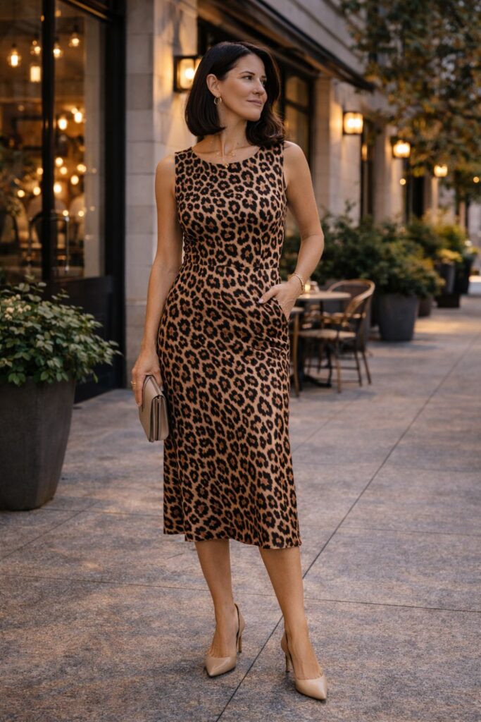 A leopard midi dress makes a confident statement while still feeling elegant and wearable. The fitted silhouette keeps the bold print looking polished, while neutral heels and a simple clutch balance the outfit without competing with the pattern. This look works beautifully for dinners, evening outings, or occasions when you want to feel stylish with minimal effort.