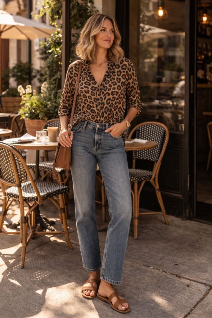 Woman wearing a relaxed leopard-print blouse tucked into straight-leg jeans, paired with simple tan sandals and a crossbody bag for an easy, casual outfit that feels stylish without trying too hard.