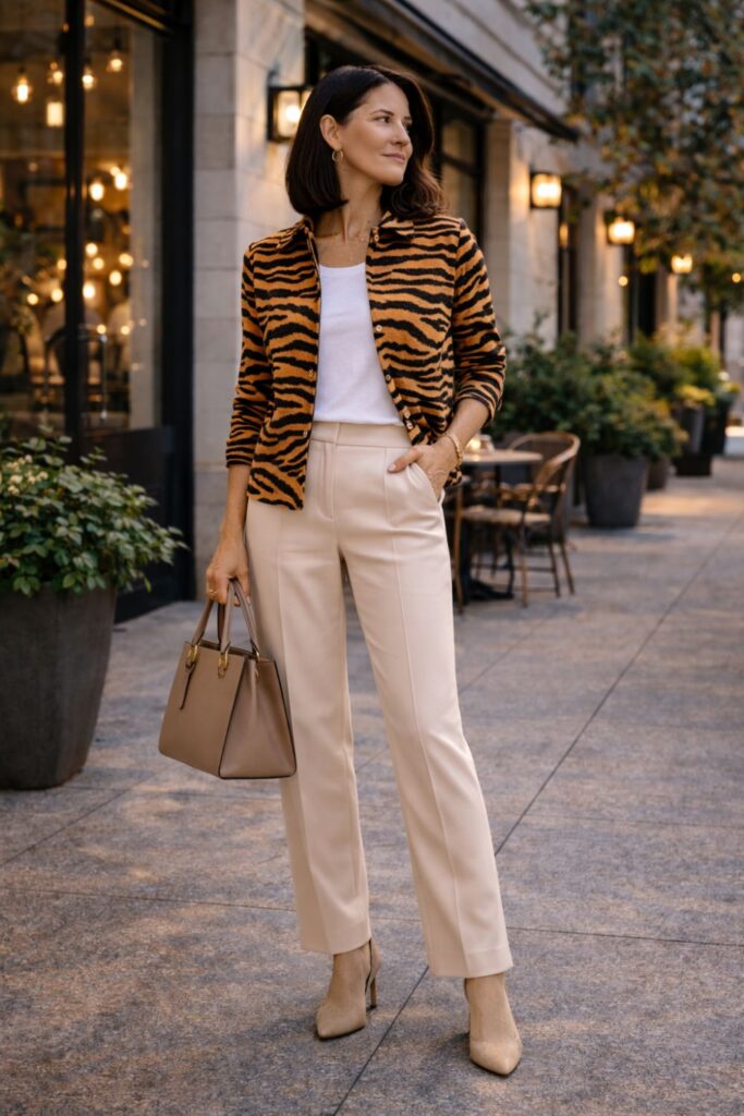 A tiger-print jacket layered over neutral pieces creates a striking yet balanced outfit. The bold pattern adds energy and personality, while the soft beige trousers and simple white top keep the look clean and sophisticated. Paired with classic heels and a structured handbag, this outfit feels polished and confident—perfect for stylish daytime outings or casual professional settings.