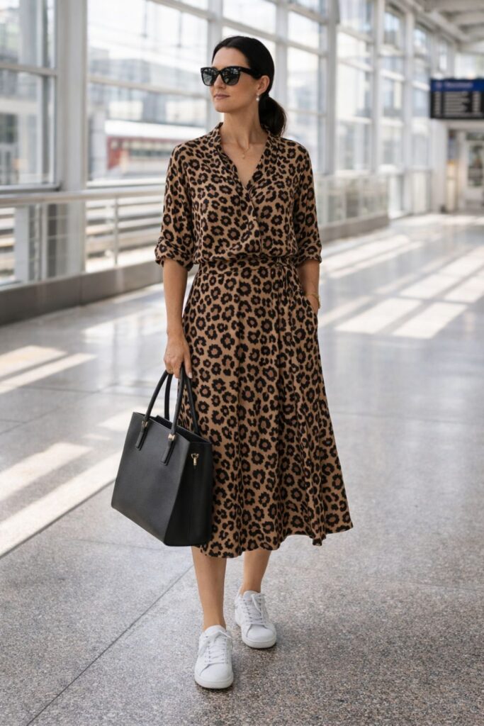 Woman wearing a leopard-print midi dress styled with clean white sneakers and oversized sunglasses, finished with a structured black tote for a polished travel-ready outfit that blends comfort with effortless style.