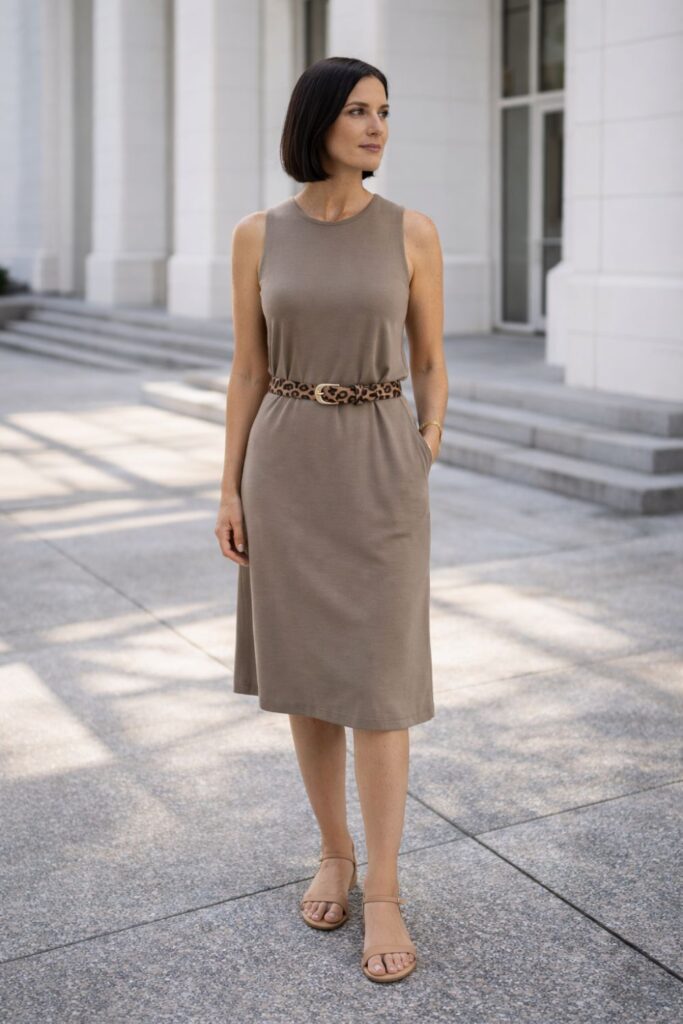 Woman wearing a minimalist neutral midi dress styled with a leopard-print belt and simple sandals, creating an elegant outfit that uses animal print as a subtle statement rather than the main focus.