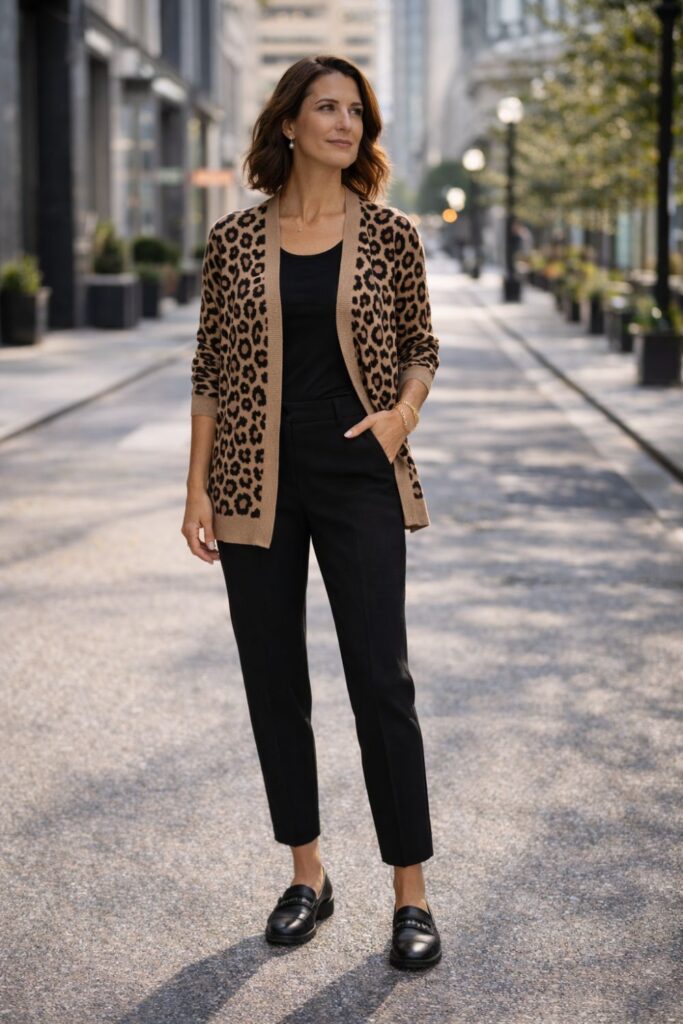 Woman wearing a leopard-print cardigan layered over a simple black top and tailored black pants, finished with classic loafers for a polished outfit that adds texture and interest while still feeling refined and easy to wear.