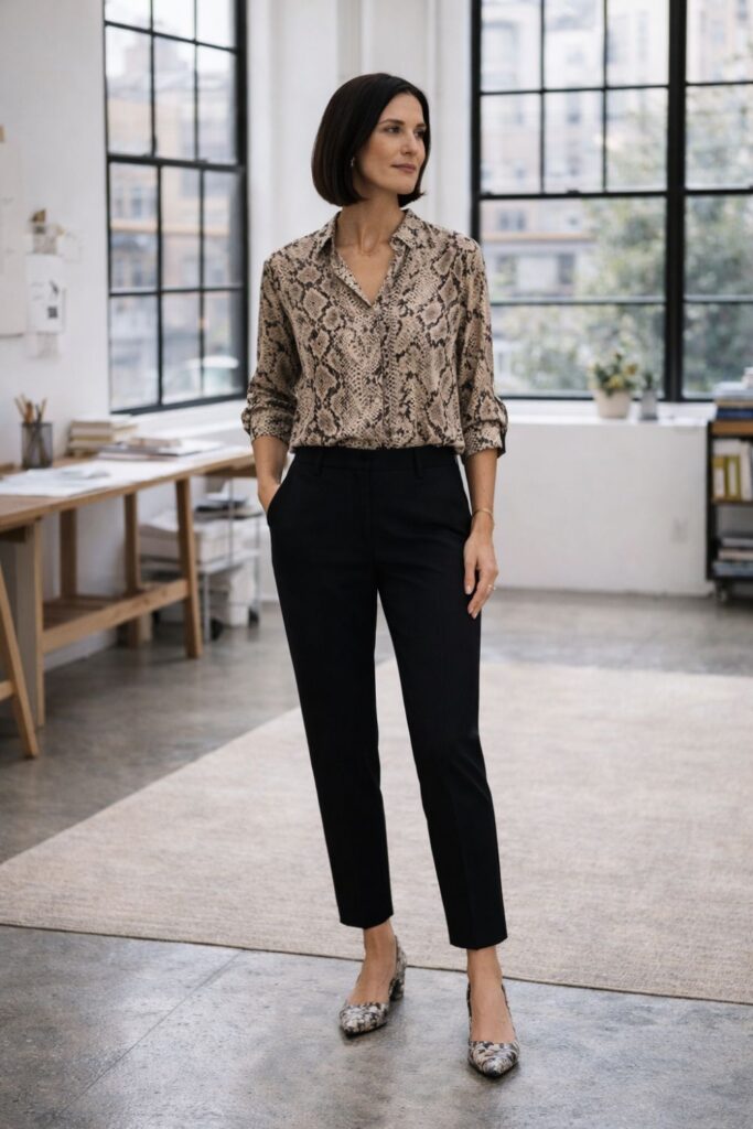 A snake-print blouse paired with tailored black trousers creates a refined, polished outfit that feels modern and confident, perfect for business-casual settings while still adding subtle pattern and personality.