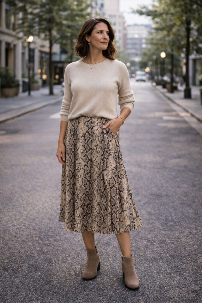 A snake-print midi skirt paired with a soft neutral knit sweater creates a balanced outfit that mixes texture and comfort, letting the bold pattern feel elegant while the cozy sweater keeps the look relaxed and wearable.