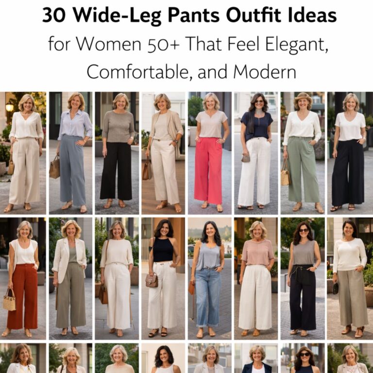 Collage of 30 wide-leg pants outfit ideas for women over 50 featuring elegant casual styles.