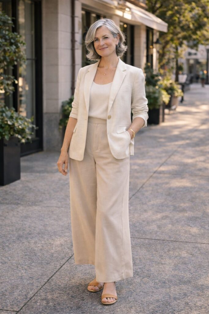 Woman with silver hair wearing beige wide-leg trousers and a matching blazer walking on a city sidewalk.