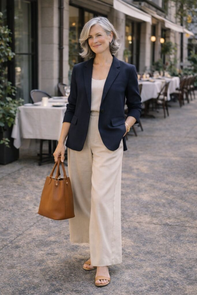 Woman with silver hair wearing beige wide-leg trousers and a navy blazer walking along a café-lined street holding a brown handbag.