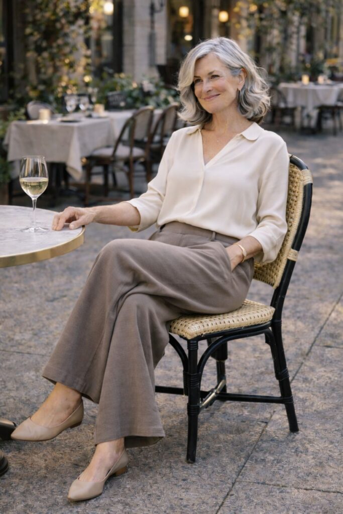 Woman with silver hair wearing taupe wide-leg pants and a cream blouse sitting at an outdoor café with a glass of wine.