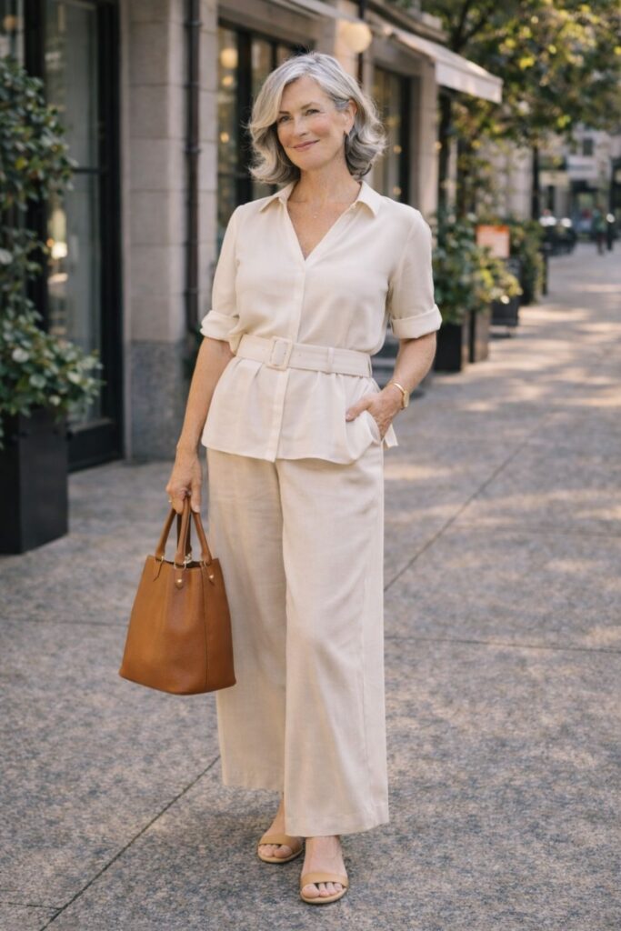 Woman with silver hair wearing beige wide-leg pants and a belted cream blouse walking on a city sidewalk holding a brown handbag.