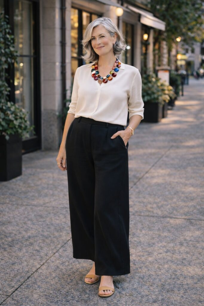 Woman with silver hair wearing black wide-leg pants, a cream blouse, and a colorful statement necklace walking on a city street.