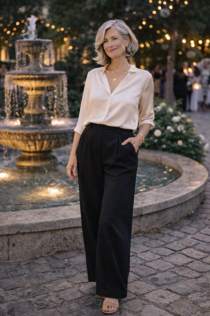 Silver-haired woman wearing black wide-leg trousers and a cream blouse standing beside a lit fountain in an evening garden.