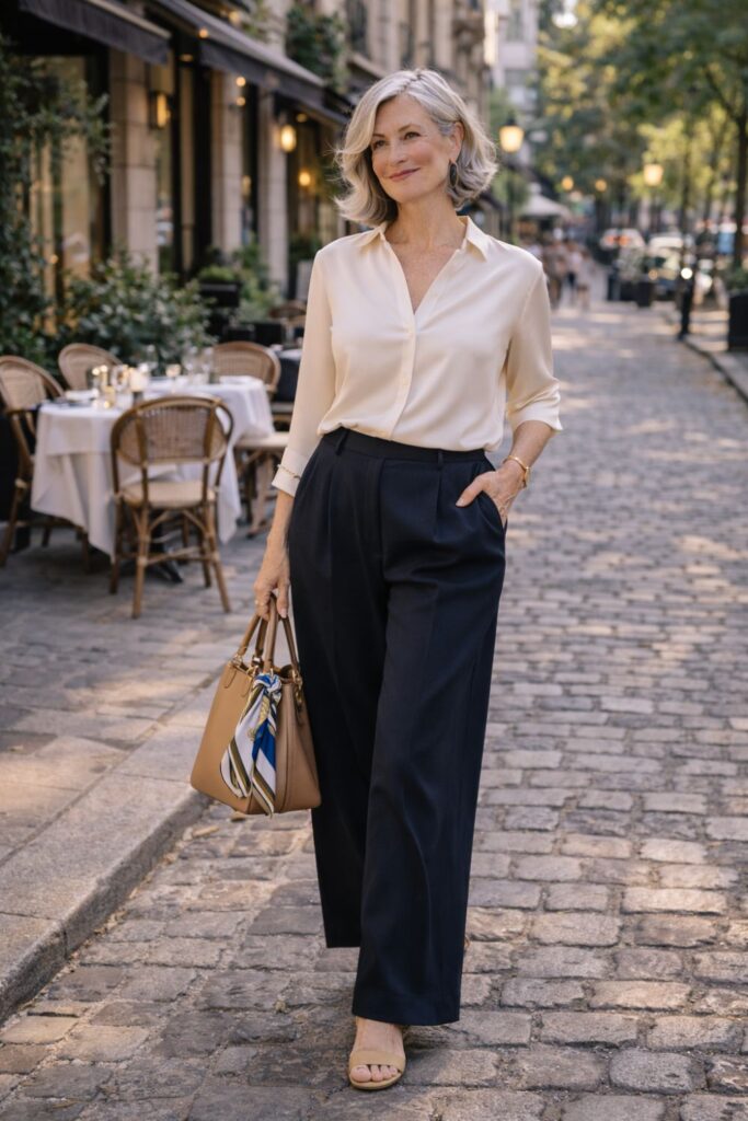 Silver-haired woman wearing navy wide-leg trousers and a cream blouse walking on a cobblestone street carrying a tan handbag.
