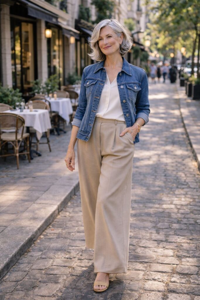 A confident woman in her late 50s wearing charcoal wide-leg pants paired with a loose ivory button-down shirt, sleeves rolled, seated at an outdoor café table with a coffee cup, relaxed and chic, warm natural light, lifestyle portrait, full-length view.