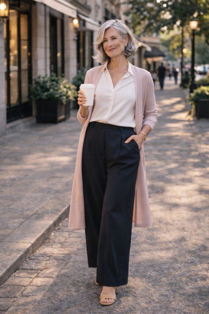 Silver-haired woman wearing black wide-leg trousers, a cream blouse, and a pink cardigan walking on a city sidewalk holding a coffee cup.