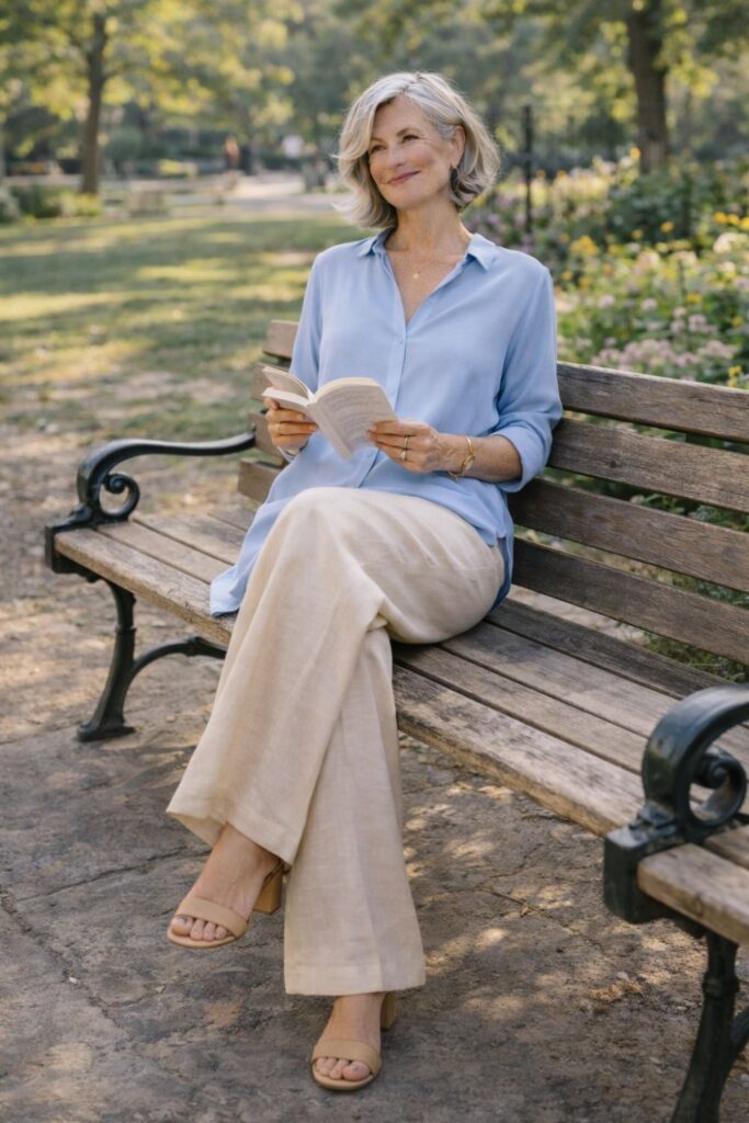 Silver-haired woman wearing cream linen pants and a light blue blouse sitting on a park bench reading a book.
