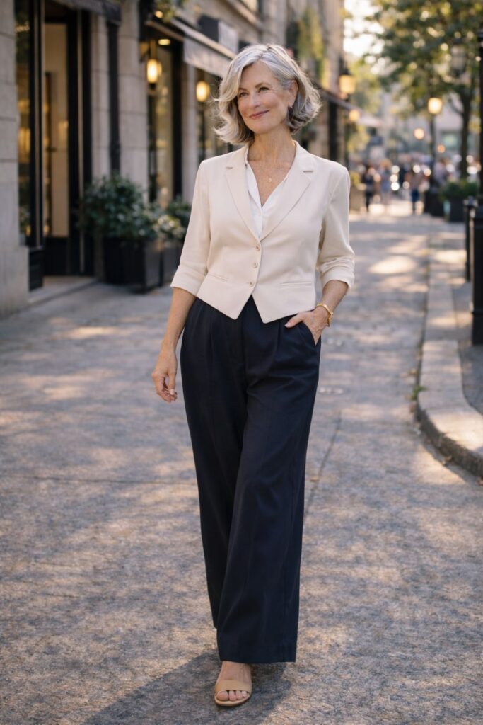 Silver-haired woman wearing navy wide-leg trousers, a white blouse, and a beige blazer walking along a sunlit city street.