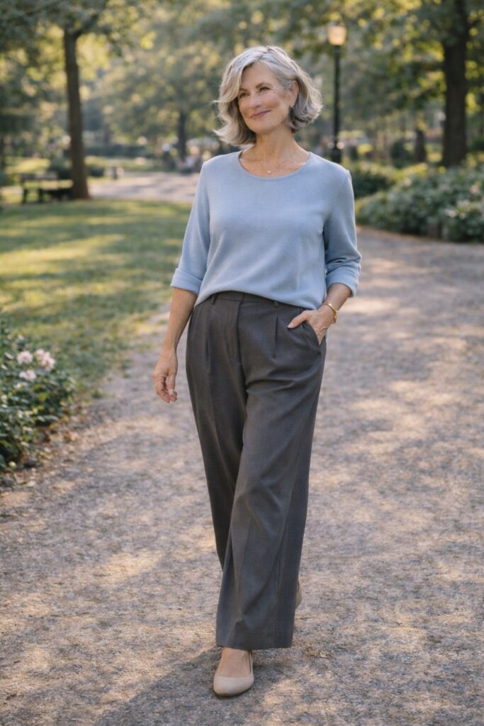 Silver-haired woman wearing gray trousers and a light blue sweater walking along a sunlit park path.