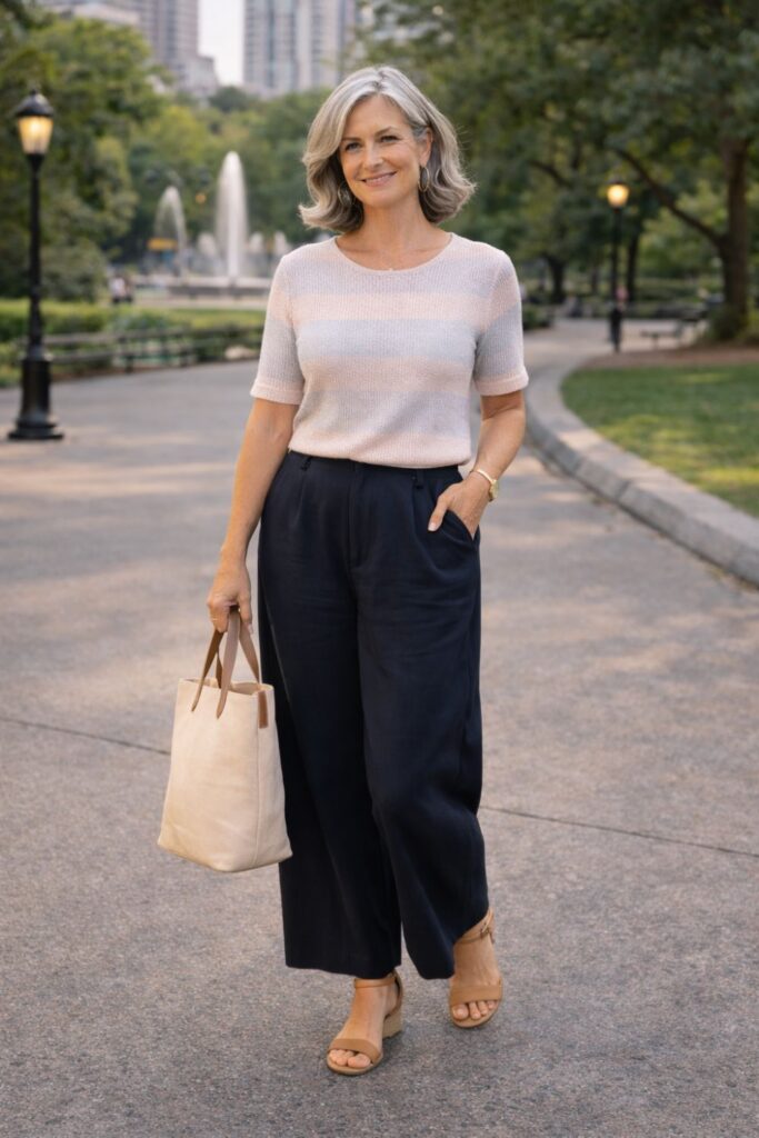 Woman with silver hair wearing navy wide-leg pants and a striped short-sleeve knit top walking in a city park.