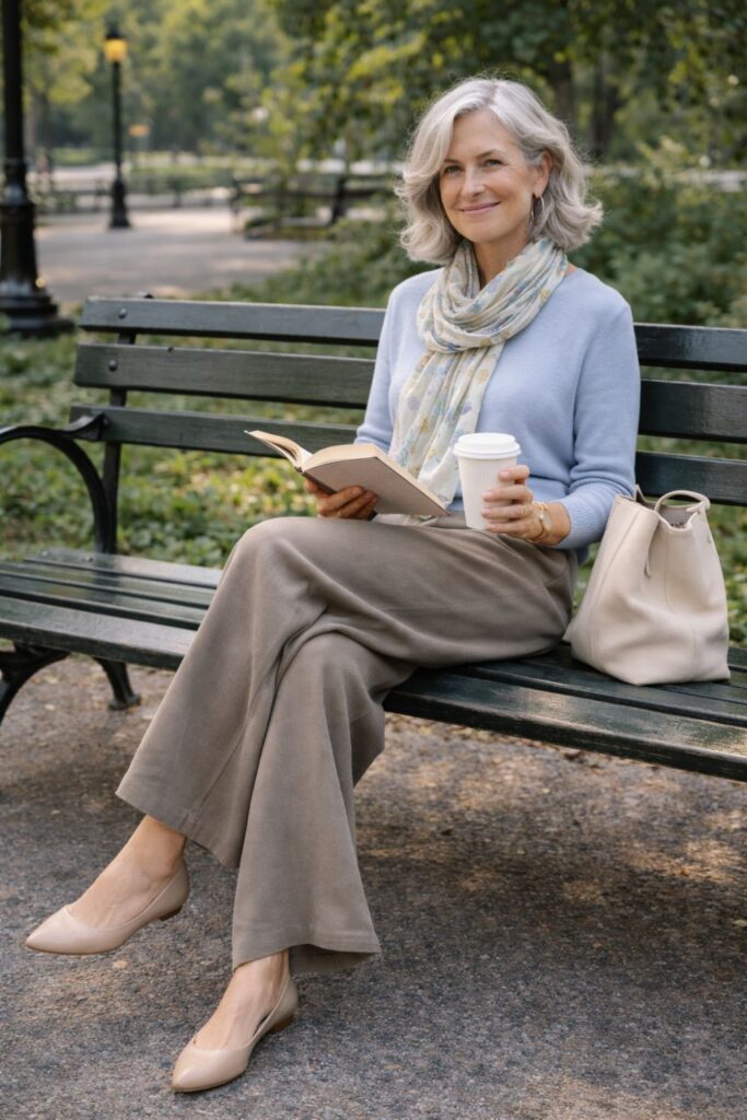Woman with silver hair wearing taupe wide-leg pants and a light blue sweater reading a book on a park bench.