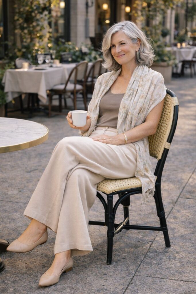 Woman with silver hair wearing beige wide-leg pants and a sleeveless top sitting at an outdoor café holding a coffee cup.