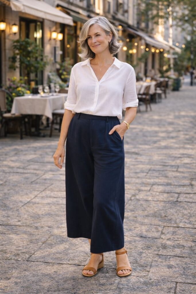 Woman with silver hair wearing navy wide-leg pants and a white blouse walking on a café-lined street.