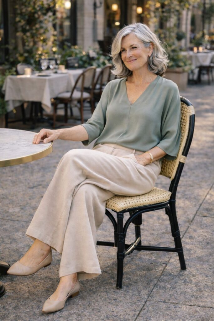 Woman with silver hair wearing beige wide-leg pants and a green blouse sitting at an outdoor café.