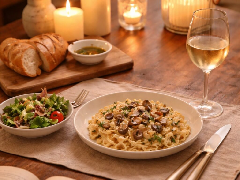 Cozy dinner setting with pasta, salad, bread, and a glass of white wine on a candlelit table with a warm ambiance.