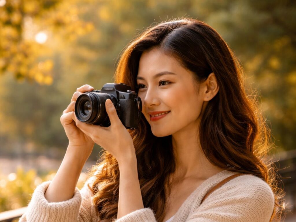 Woman outdoors in a park taking a photo with a camera, wearing a cozy cardigan and shoulder bag in warm sunlight.