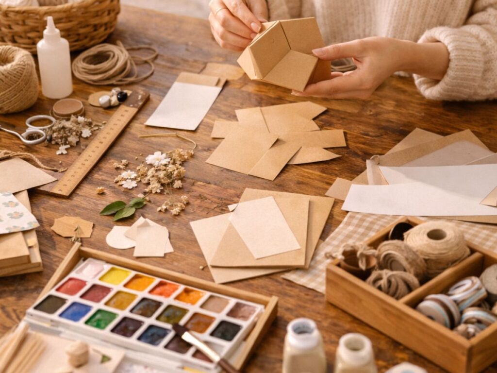 Person crafting a small paper box at a wooden table filled with art supplies, including paint, brushes, twine, and decorative materials.