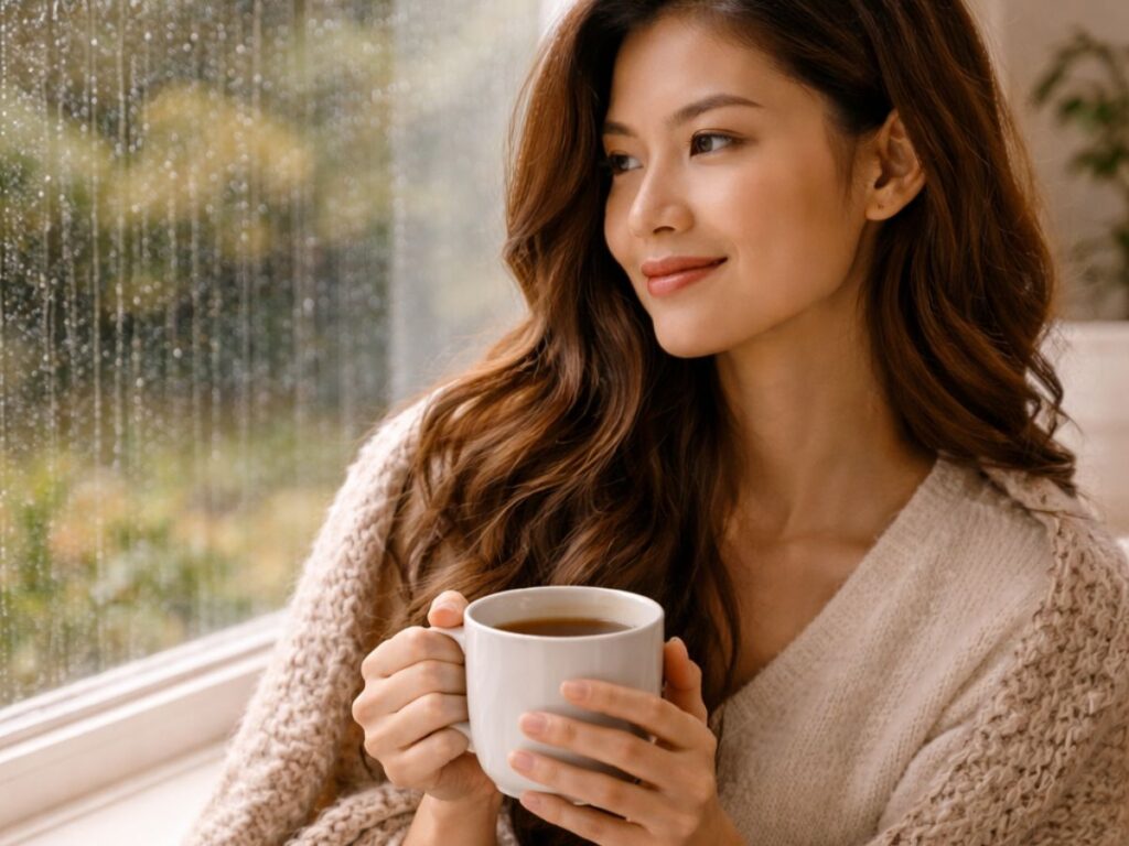 Woman wrapped in a cozy blanket holding a cup of coffee, gazing out a rain-speckled window in a calm, warm indoor setting.