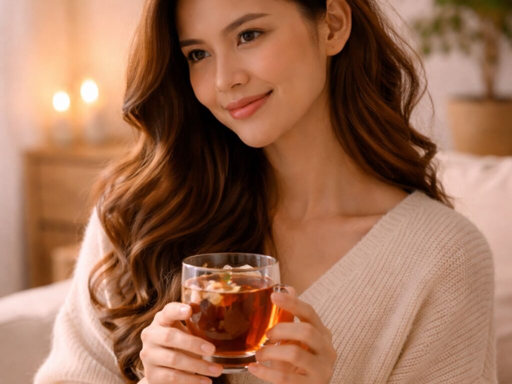 Woman in a cozy sweater holding a glass cup of tea, smiling softly in a warm, softly lit room with candles in the background.