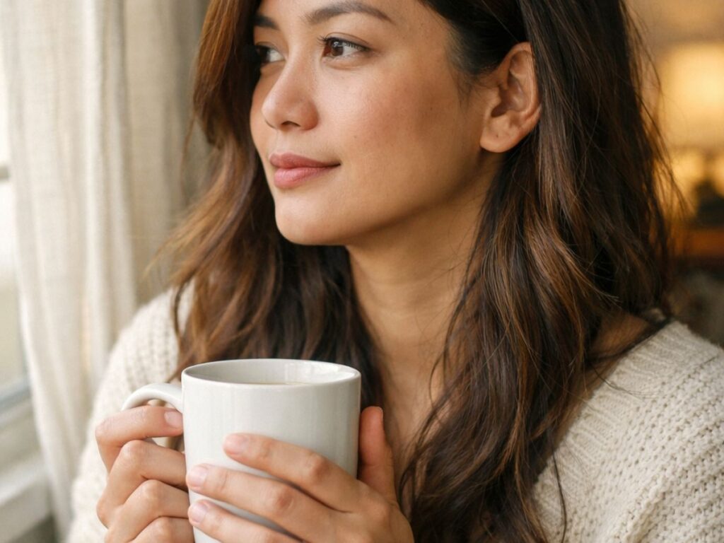 Woman in a cozy sweater holding a mug and looking out a window with a calm, reflective expression.