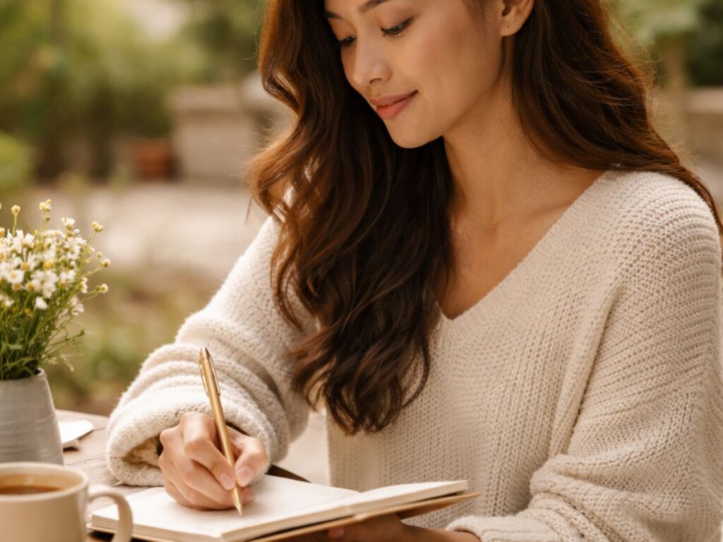Woman in a cozy sweater sitting outdoors, writing in a notebook at a table with a cup of coffee and flowers nearby.