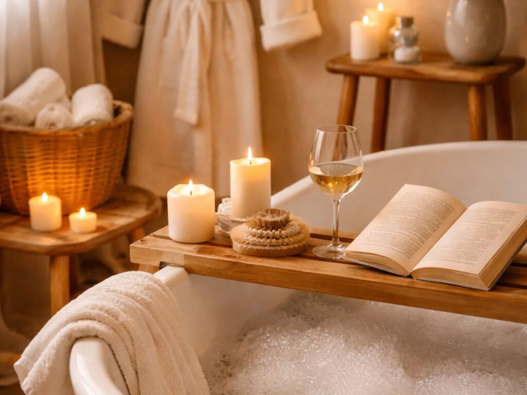 Cozy bathroom scene with a bubble bath, candles, a book and wine on a tray, a hanging robe, and soft warm lighting.