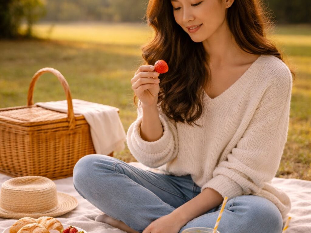 Woman sitting on a picnic blanket in a park, holding a strawberry, with croissants, fruit, drinks, and a basket nearby.