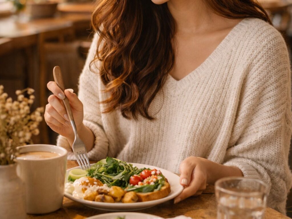 Woman in a cozy café enjoying a meal, holding a fork over a plate with toast, eggs, and greens, with coffee and strawberries on the table.