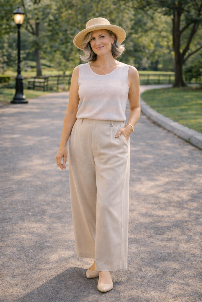 Woman with silver hair wearing beige wide-leg trousers, a sleeveless top, and a straw hat walking in a park.