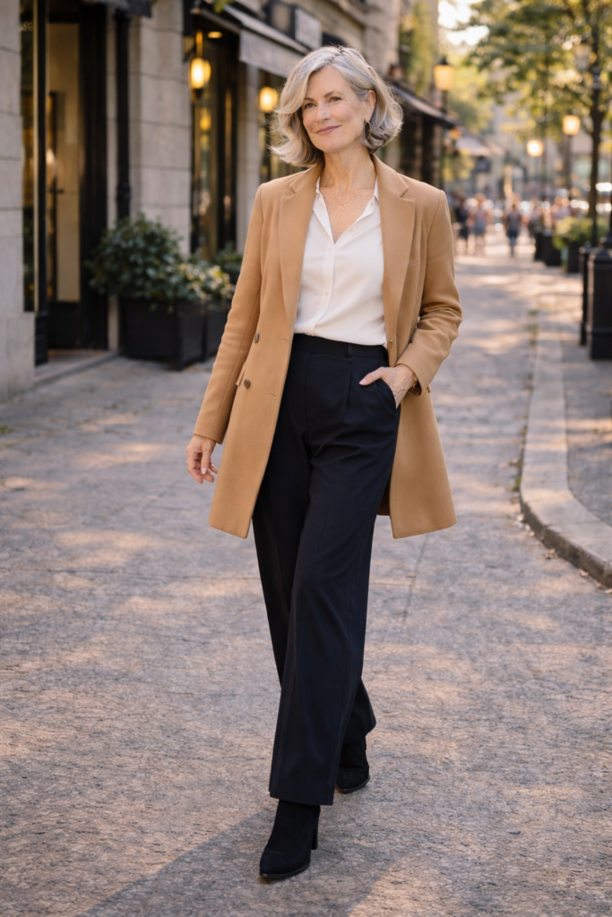 Silver-haired woman wearing navy wide-leg trousers, a white blouse, and a beige blazer walking along a sunlit city street.