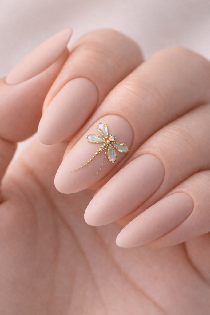 Macro shot of almond-shaped matte nude nails featuring a minimalist iridescent crystal dragonfly accent outlined in gold on one nail, set against a soft neutral background