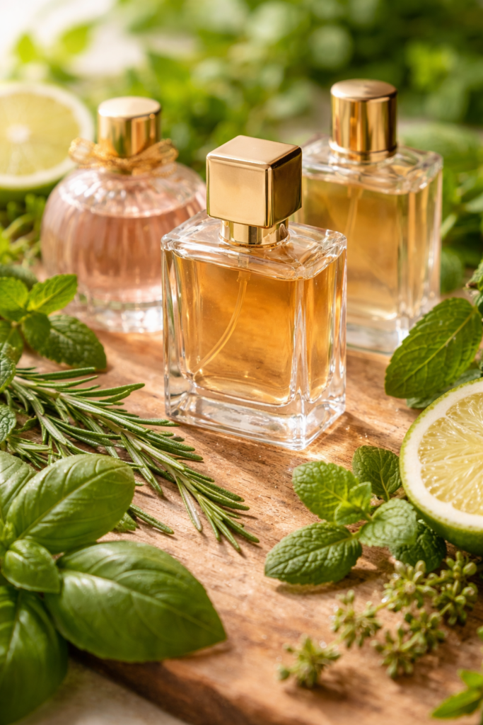 Three elegant perfume bottles with gold caps placed on a wooden surface, surrounded by fresh green herbs like basil, mint, and rosemary, along with sliced citrus, creating a clean, fresh fragrance vibe.