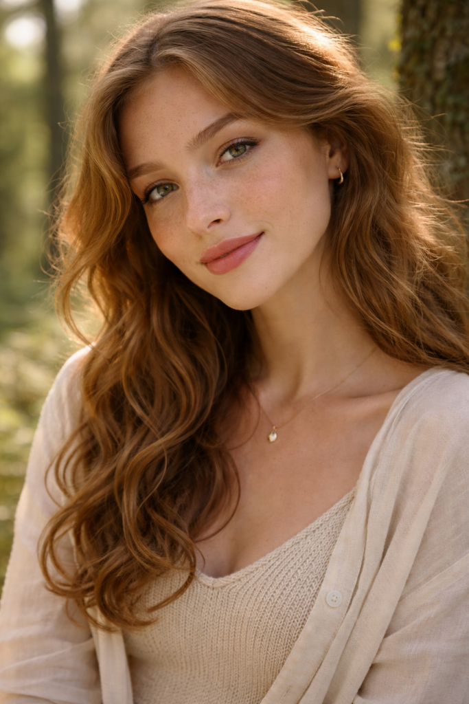 Portrait of a freckled woman with long wavy hair in a sunlit forest wearing a beige outfit.